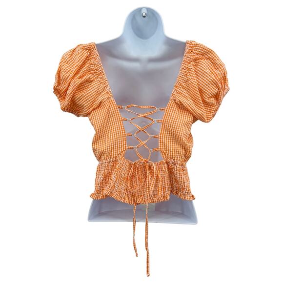 Sim & Sam Puff Sleeve Smocked Crop Top WMN S Orange Gingham Lace-Up Back 51226BL - Picture 4 of 6